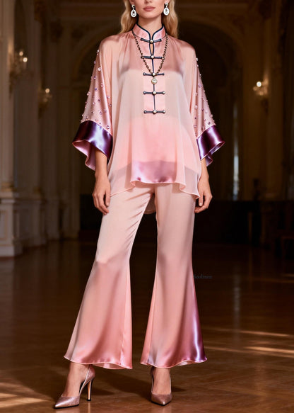 Organic Pink Stand Collar Zircon Silk Top and Flared Trousers Two-piece Set Spring