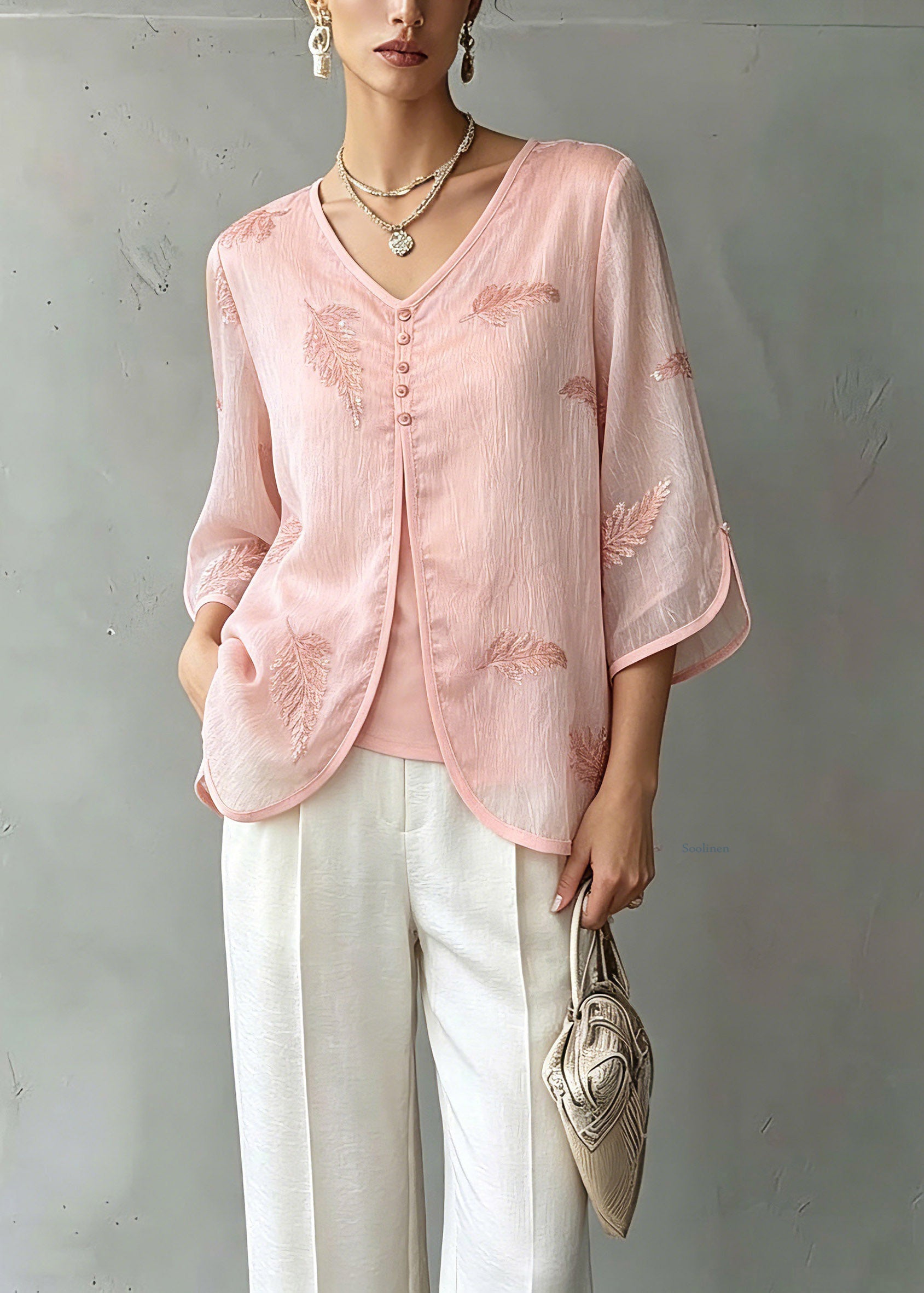 Organic Pink V Neck Print Chiffon Shirts Three Quarter Sleeve