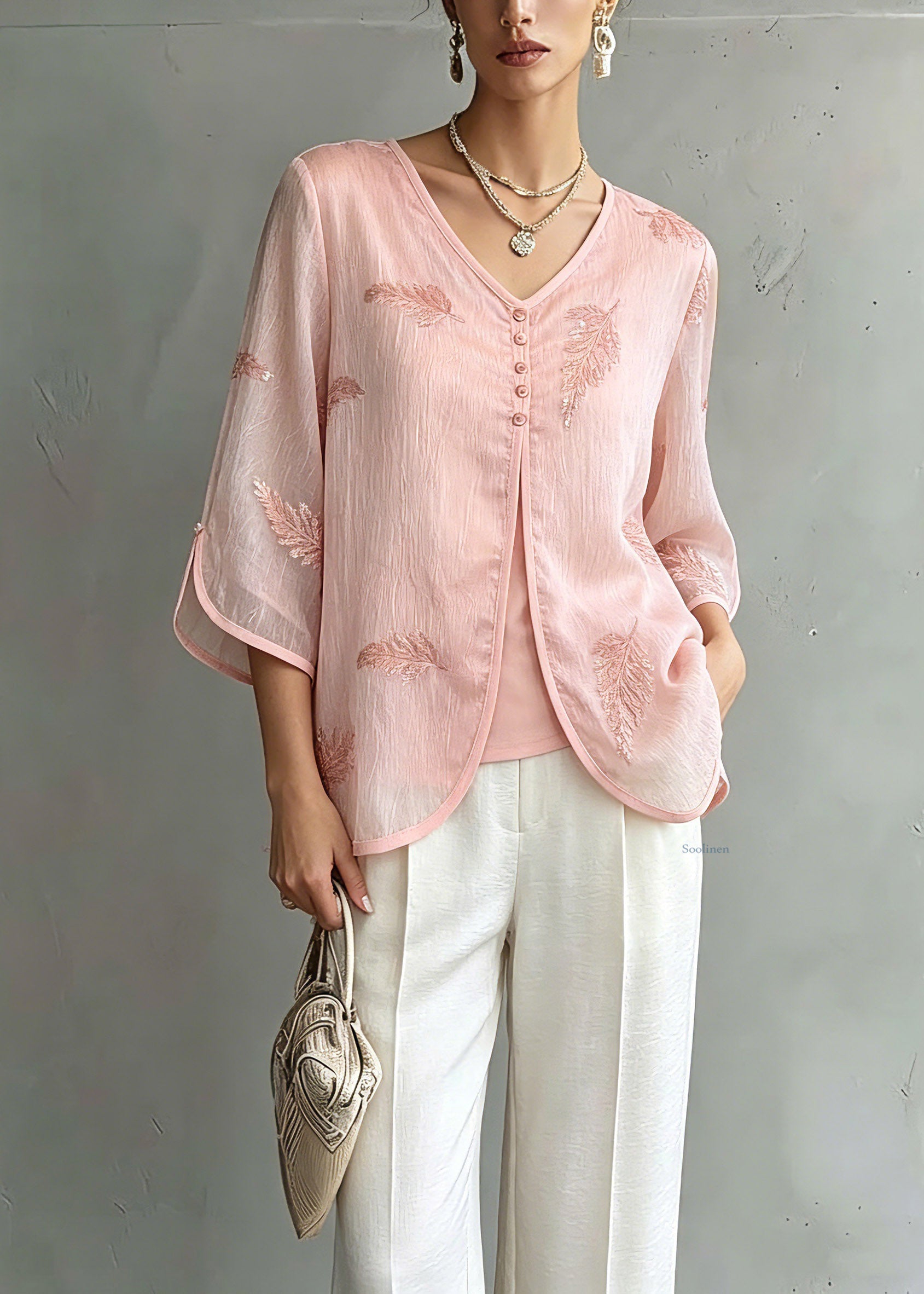 Organic Pink V Neck Print Chiffon Shirts Three Quarter Sleeve