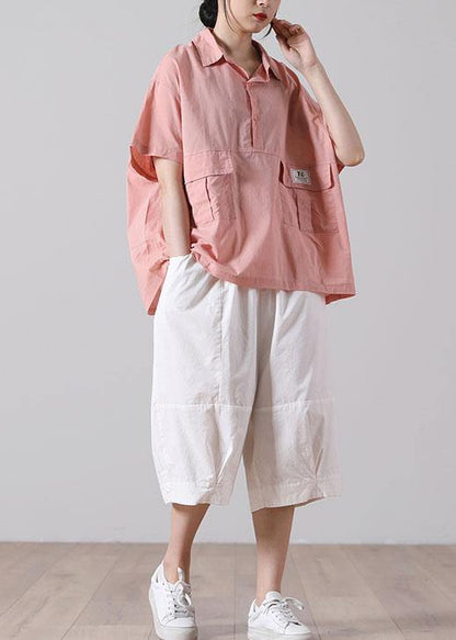 Organic Pink Low High Design Cotton Short Sleeve Blouses