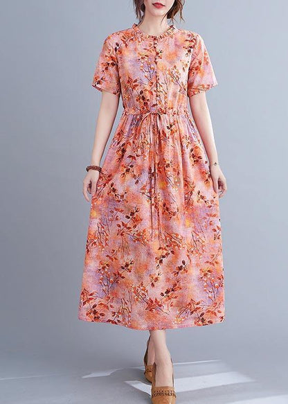 Organic Print Tie Waist Chiffon Ruffled Summer Maxi Dress