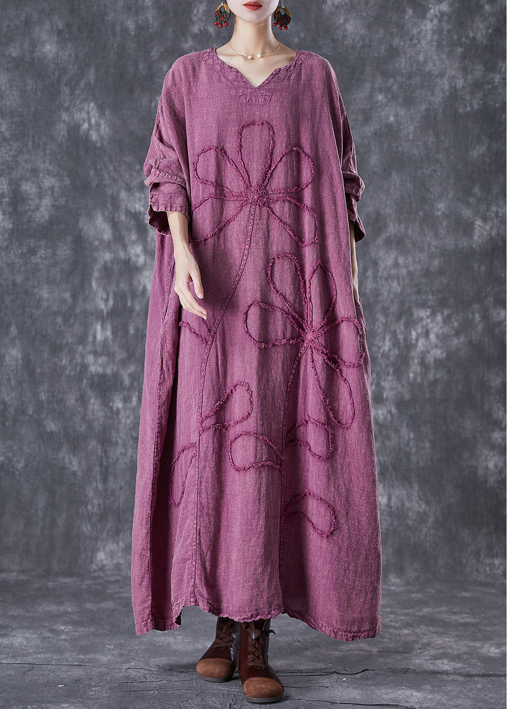 Organic Purple Embroideried Linen Maxi Dresses Fall