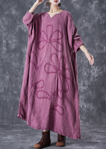 Organic Purple Embroideried Linen Maxi Dresses Fall