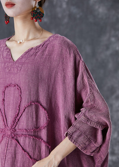 Organic Purple Embroideried Linen Maxi Dresses Fall