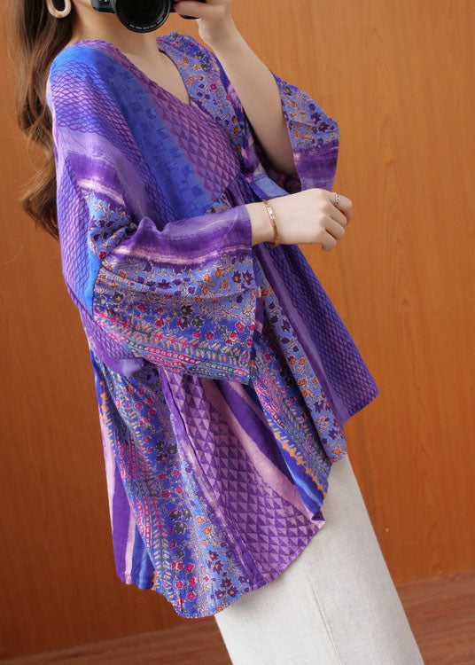 Organic Purple Flare Sleeve V Neck Patchwork Print Fall Top