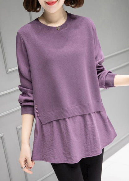 Organic Purple O-neck Patchwork Thick Knit Sweater Fall