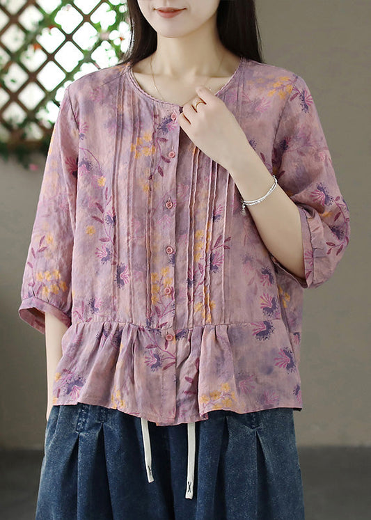 Organic Purple O-neck Print Wrinkled Linen Shirt Summer