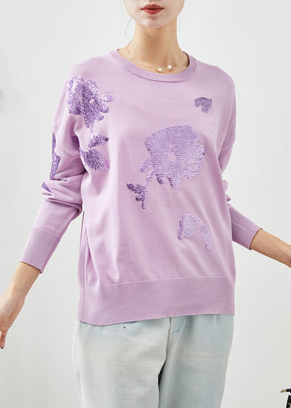 Organic Purple Sequins O-neck Knit Sweater Winter