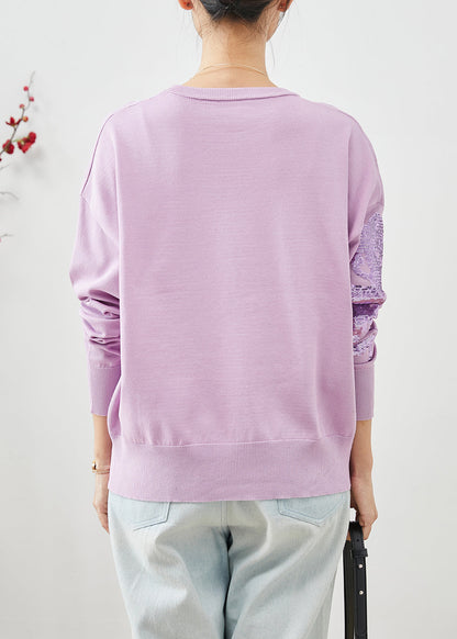 Organic Purple Sequins O-neck Knit Sweater Winter