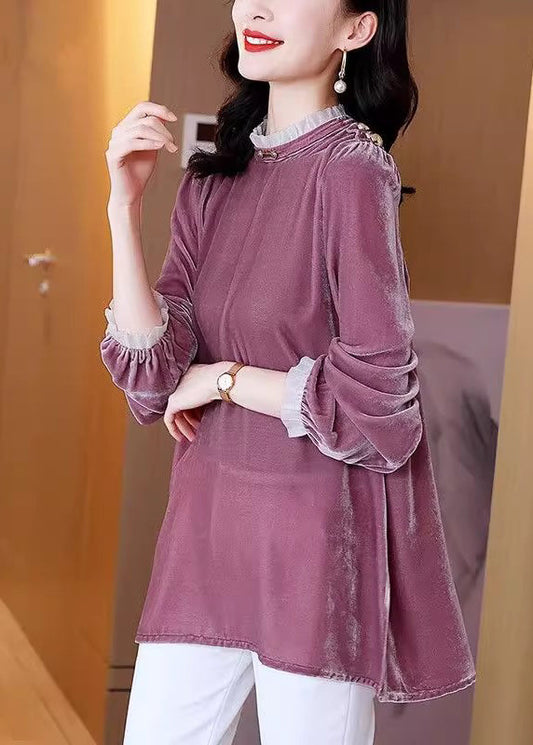 Organic Purple Stand Collar Silk Velour T Shirt Spring