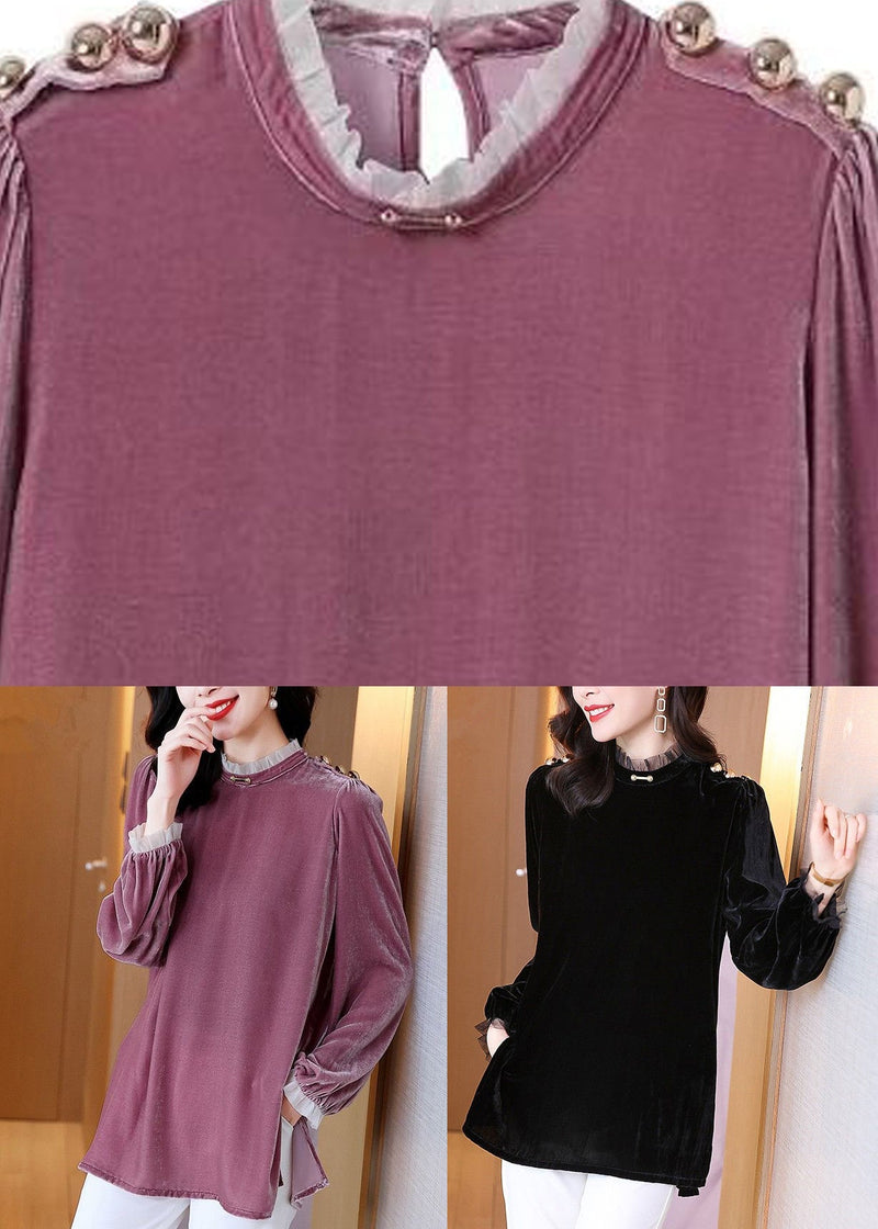 Organic Purple Stand Collar Silk Velour T Shirt Spring