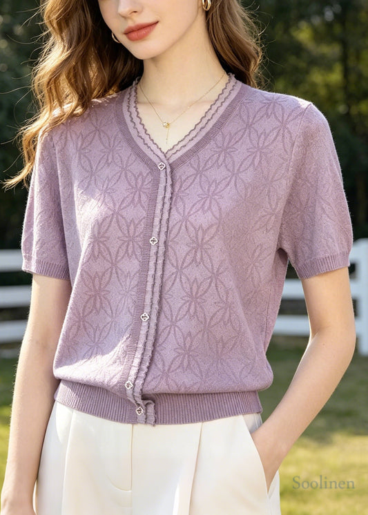Organic Purple V Neck Jacquard Knit Blouses Summer