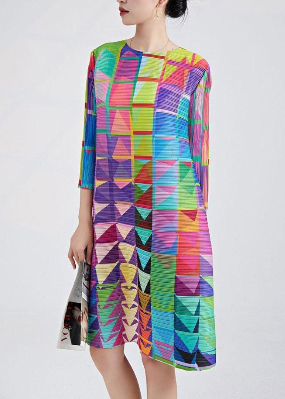 Organic Rainbow O-neck Print Long Dress Three Quarter Sleeve