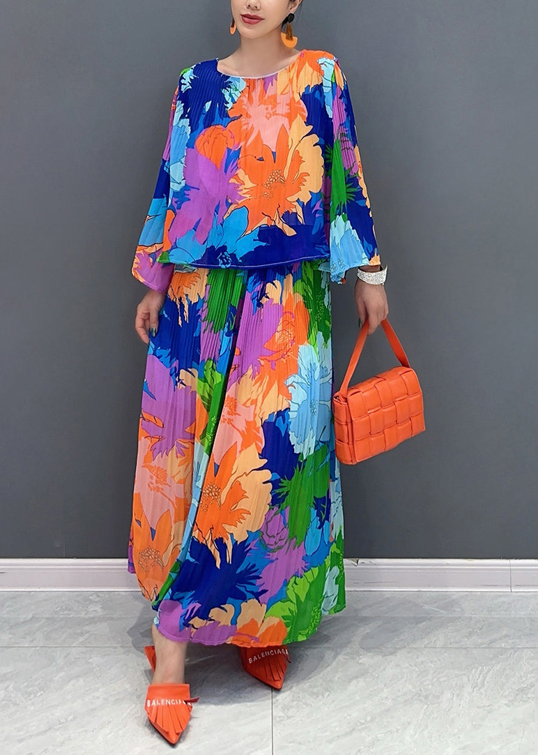 Organic Rainbow O-neck Print Top and Wide Leg Pants Two Piece Suit Set Fall