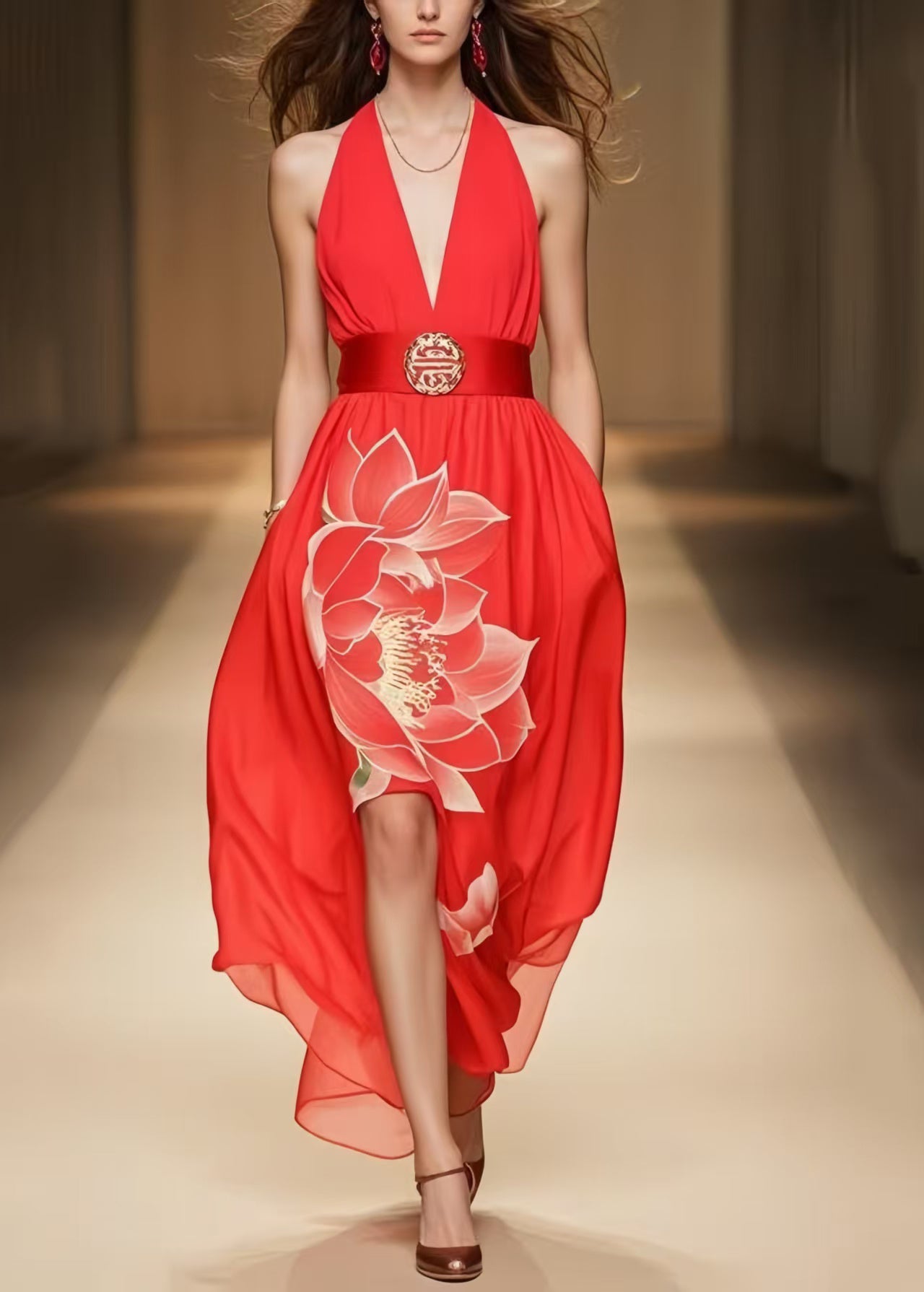 Organic Red Cold Shoulder Chiffon Halter Dress Summer
