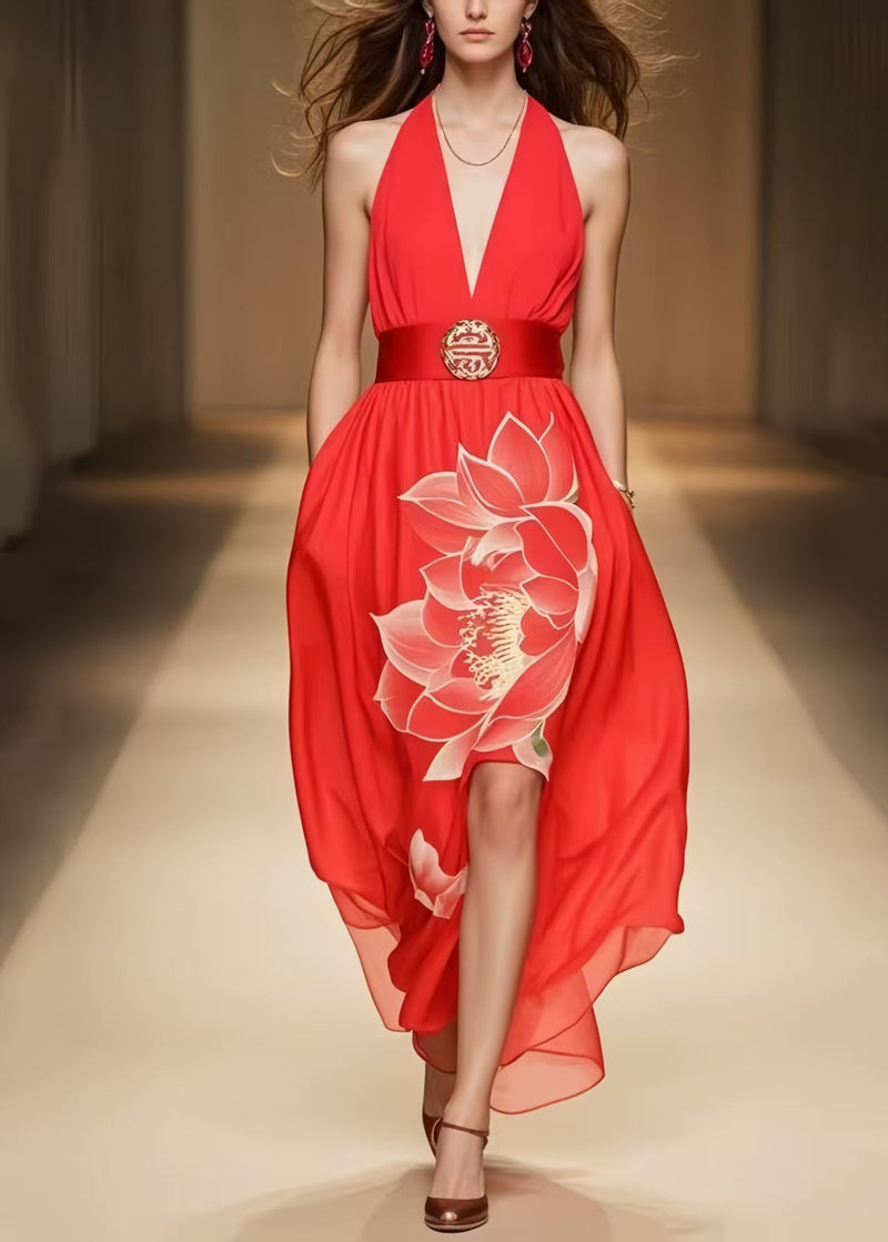 Organic Red Cold Shoulder Chiffon Halter Dress Summer