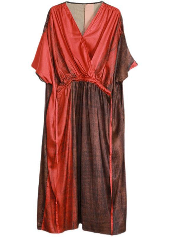 Organic Red Drawstring V Neck Silk Dress