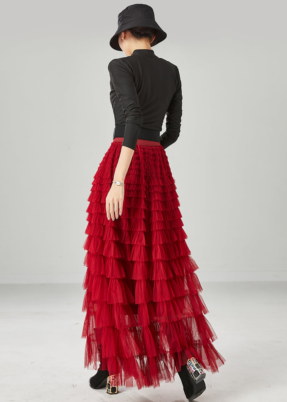 Organic Red Elastic Waist Layered Tulle a Line Skirt Summer