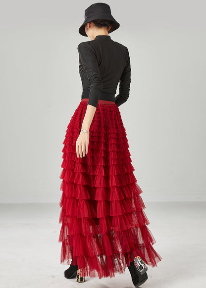 Organic Red Elastic Waist Layered Tulle a Line Skirt Summer