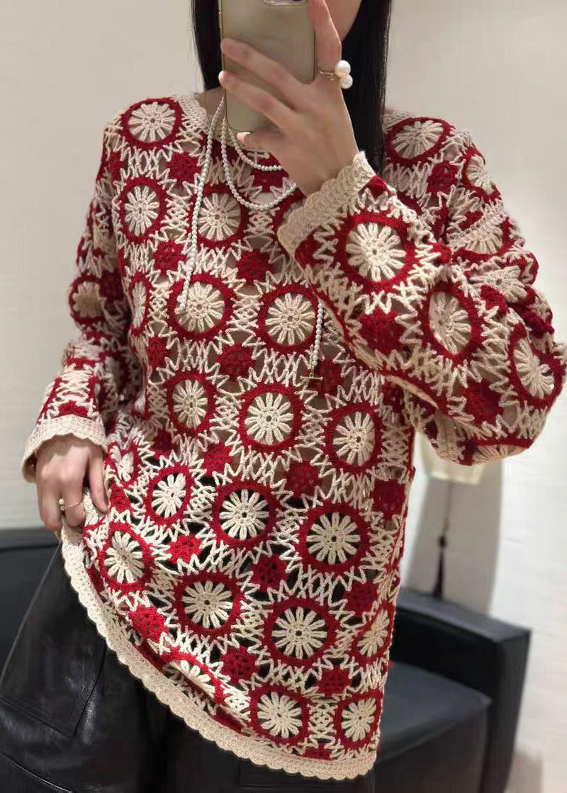 Organic Red O Neck Embroidered Knit Sweaters Spring