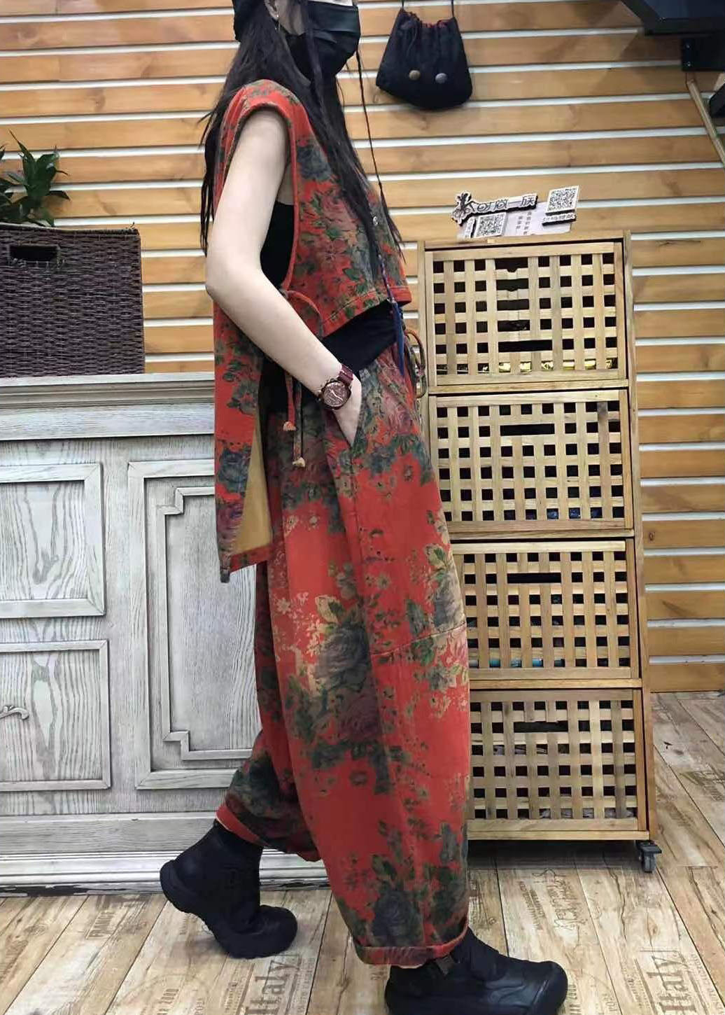 Organic Red O-neck Print Low High Design Fall Sleeveless Two Pieces Set