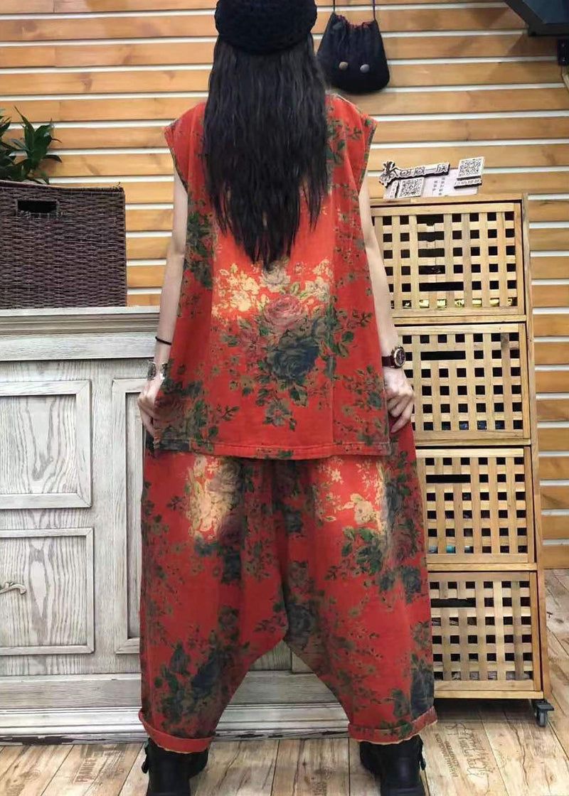 Organic Red O-neck Print Low High Design Fall Sleeveless Two Pieces Set
