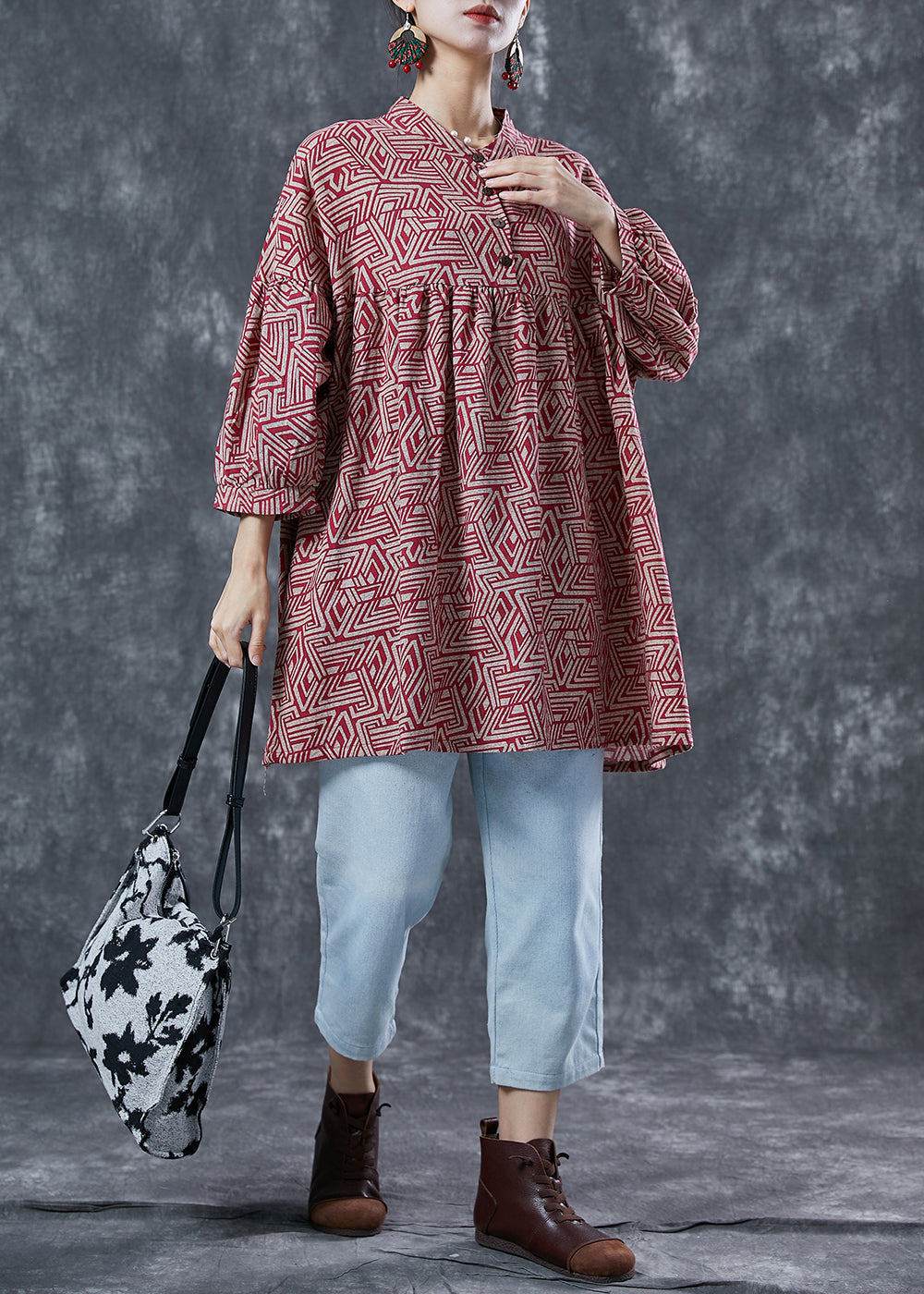 Organic Red Oversized Print Cotton a Line Dress Summer