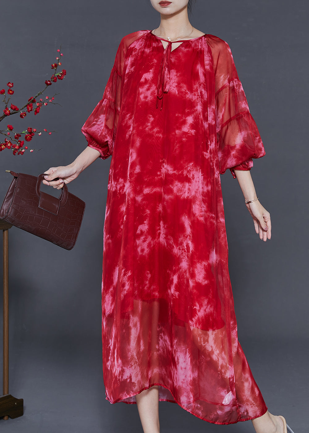 Organic Red Oversized Tie Dye Chiffon Robe Dresses Spring