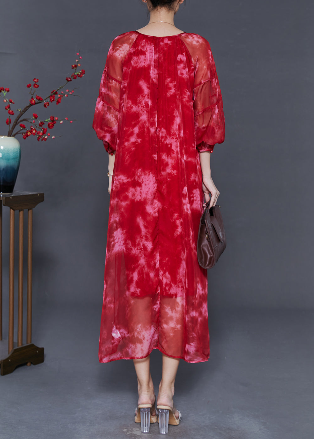 Organic Red Oversized Tie Dye Chiffon Robe Dresses Spring