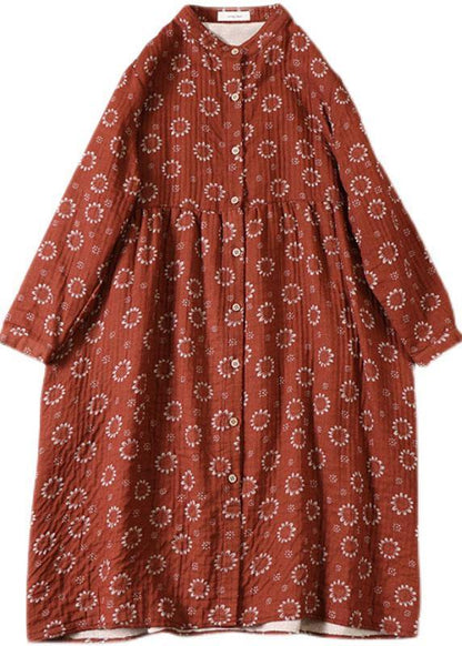 Organic Red Patchwork Pockets Button Fall Print Long Sleeve Dress