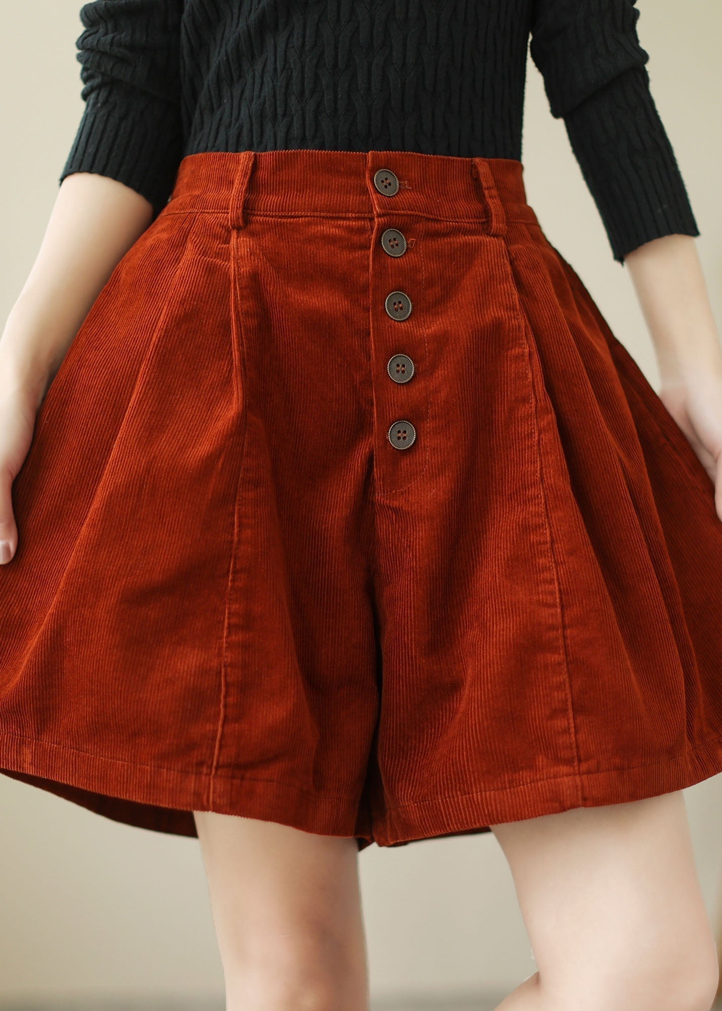 Organic Red Pockets Patchwork Corduroy a Line Shorts Summer