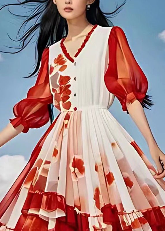 Organic Red Print Patchwork High Waist Chiffon Long Dress Lantern Sleeve