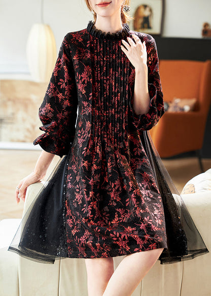 Organic Red Print Wrinkled Tulle Patchwork Holiday Mid Dress Spring