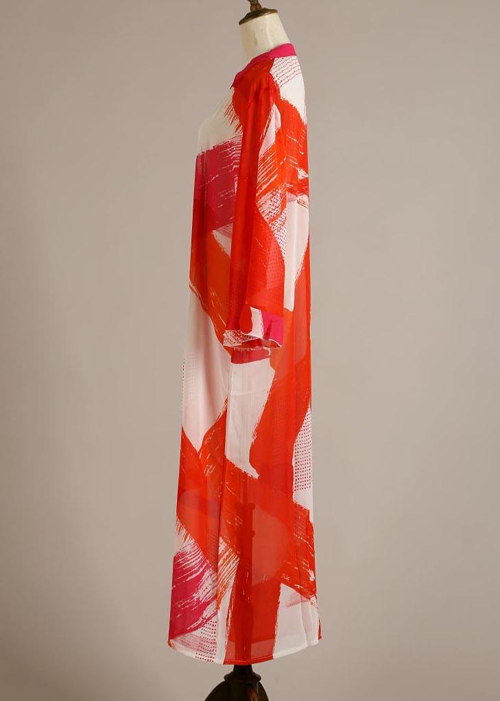 Organic Red Print Flare Sleeve Chiffon Dress Beach Gown