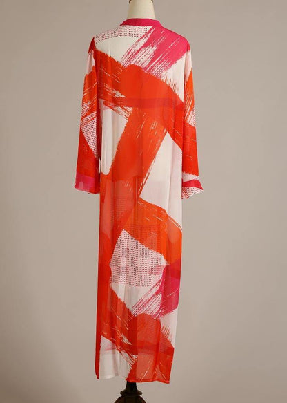 Organic Red Print Flare Sleeve Chiffon Dress Beach Gown