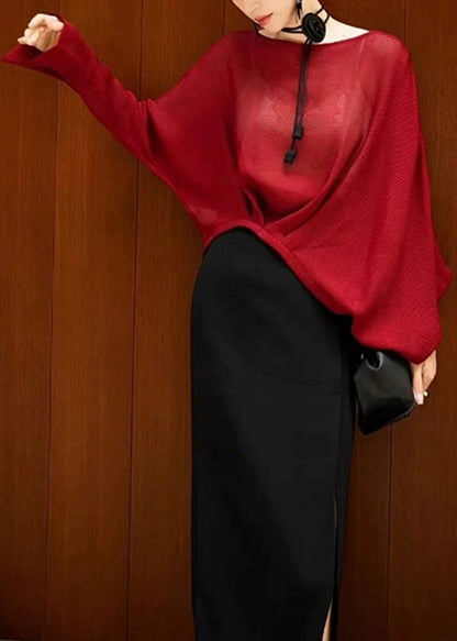 Organic Red Slash Neck Knit Sweaters Batwing Sleeve