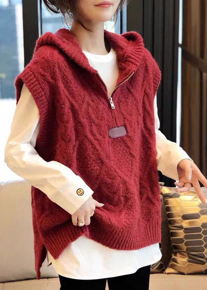 Organic Red Hooded Zippered Fall Knit Vest