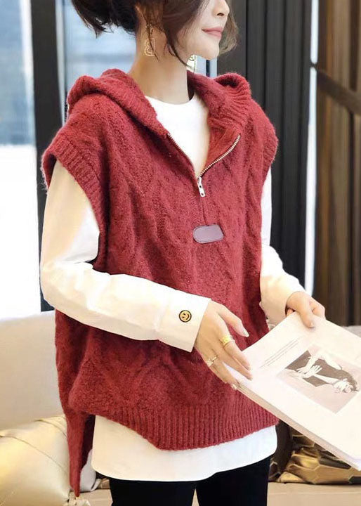 Organic Red Hooded Zippered Fall Knit Vest
