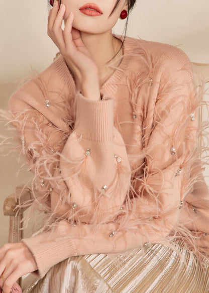 Organic Skin Pink O-neck Zircon Feather Cotton Knit Sweater Spring