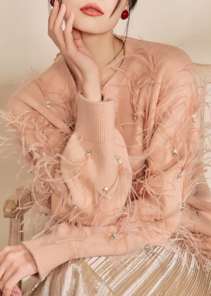 Organic Skin Pink O-neck Zircon Feather Cotton Knit Sweater Spring