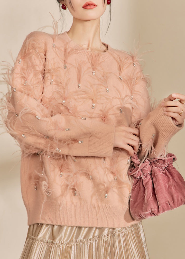 Organic Skin Pink O-neck Zircon Feather Cotton Knit Sweater Spring