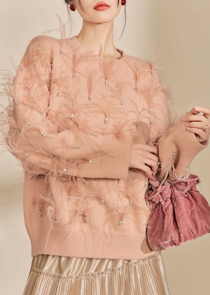 Organic Skin Pink O-neck Zircon Feather Cotton Knit Sweater Spring