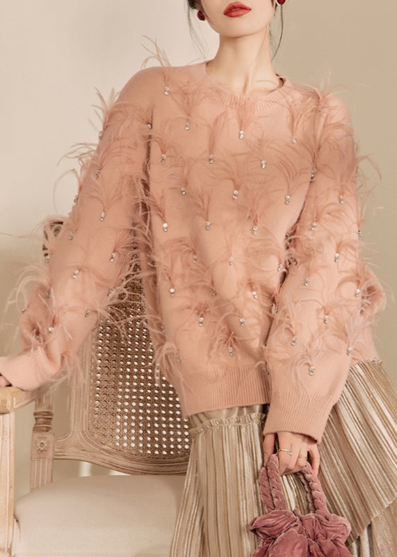 Organic Skin Pink O-neck Zircon Feather Cotton Knit Sweater Spring