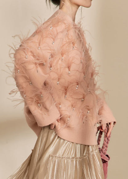 Organic Skin Pink O-neck Zircon Feather Cotton Knit Sweater Spring
