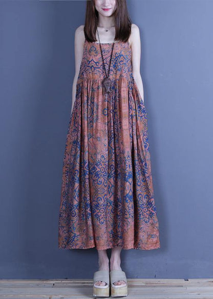 Organic Spaghetti Strap Cotton Summer Tunics Shirts Blue Print a Line Dress