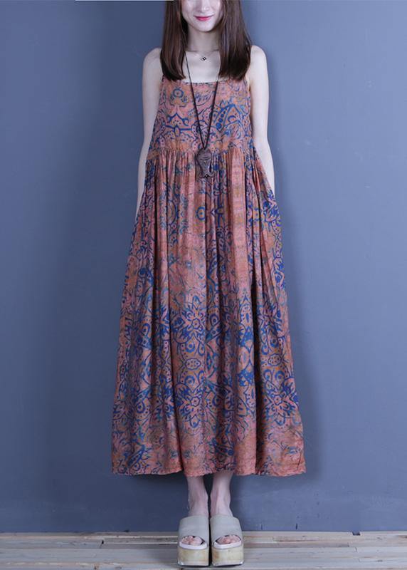 Organic Spaghetti Strap Cotton Summer Tunics Shirts Blue Print a Line Dress