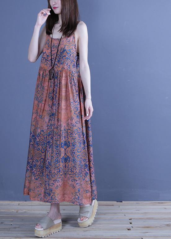 Organic Spaghetti Strap Cotton Summer Tunics Shirts Blue Print a Line Dress