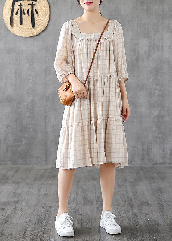 Organic Square Collar Patchwork Linen Cotton Clothes Linen Beige Plaid Dresses