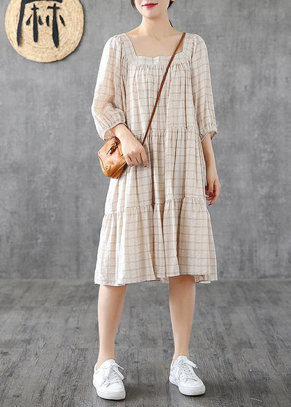 Organic Square Collar Patchwork Linen Cotton Clothes Linen Beige Plaid Dresses