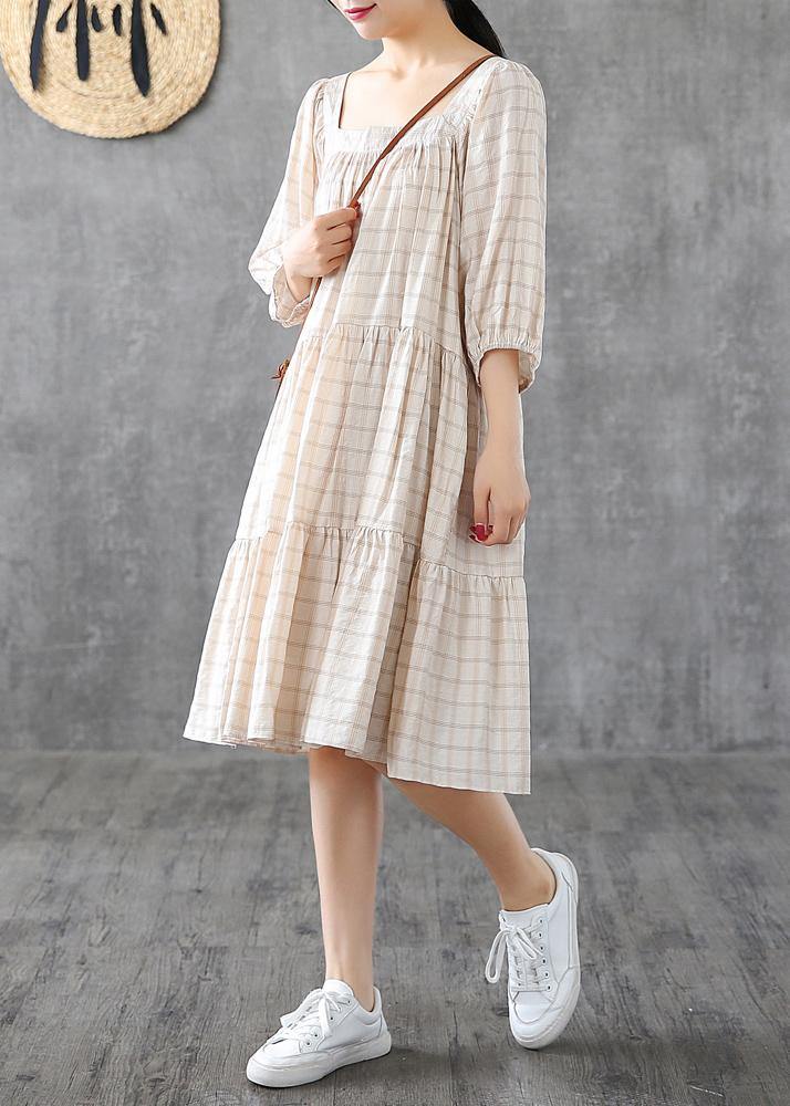 Organic Square Collar Patchwork Linen Cotton Clothes Linen Beige Plaid Dresses